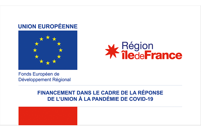 Logos du FEDER et de l'Ile-de-France, soutien plan de relance COVID-19